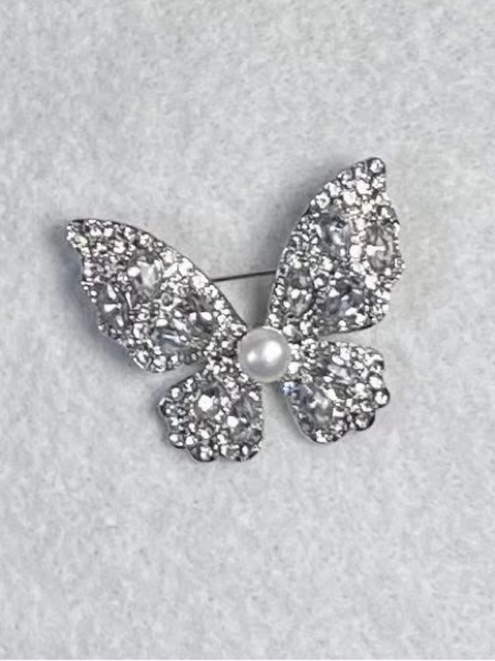 Pearl-Center Silver Crystal Butterfly Brooch
